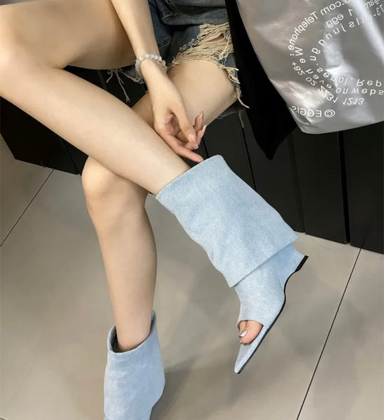 Women Fashion Pointed Open Toe Wedge Boots