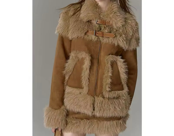 Women Fashion Fur Patchwork Suede Jacket Two Piece Skirt Set