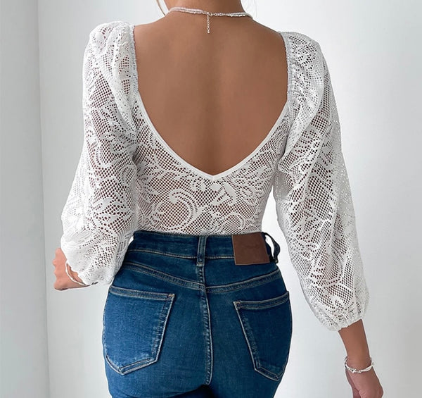 Women White Sexy Full Sleeve Lace Bodysuit Top
