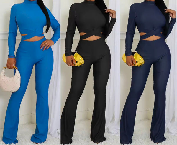 Women Fashion Solid Color Full Sleeve Tie Up Crop Two Piece Pant Set