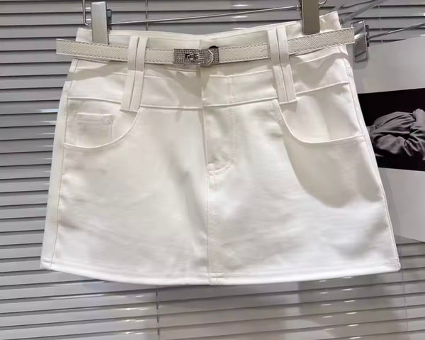 Women Color Fashion Rhinestone Belted Skirt