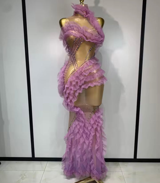 Women Sexy Sleeveless Color Rhinestone Ruffled Mesh Maxi Dress