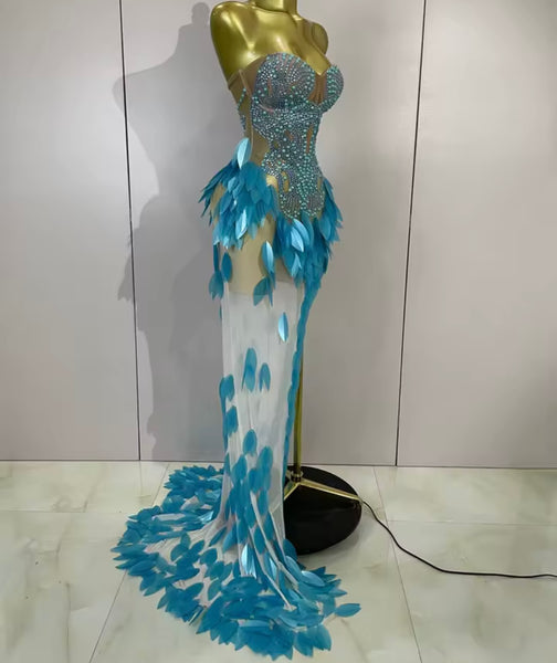 Women Sexy Strapless Beaded Sequins Side Split Maxi Dress