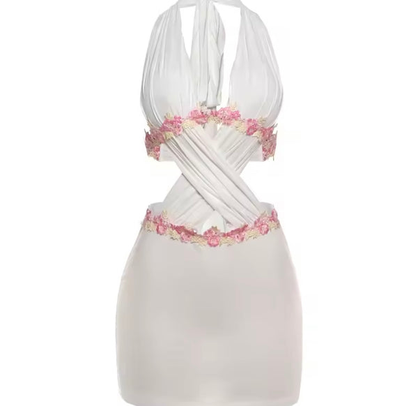 Women Sexy White Halter Open Back Sleeveless Floral Dress