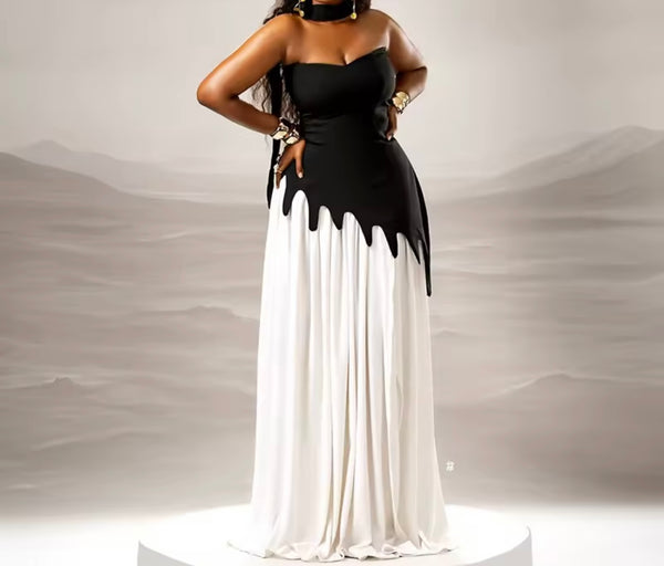 Women Sexy Sleeveless Scarf B&W Maxi Dress