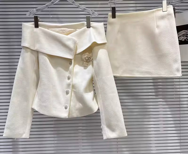 Women Off The Shoulder Button Up Blazer Two Piece Skirt Set