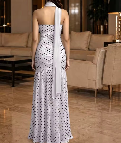 Women Sexy Strapless Polka Dot Side Split Maxi Dress