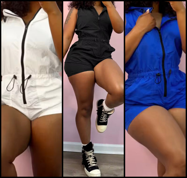 Women Zip Up Sleeveless Hooded Fashion Color Romper