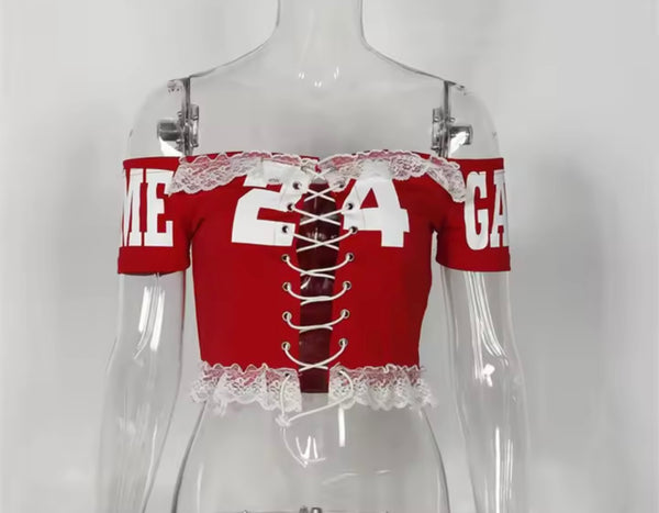 Women Off The Shoulder Short Sleeve Number Lace Tie Up Crop Top