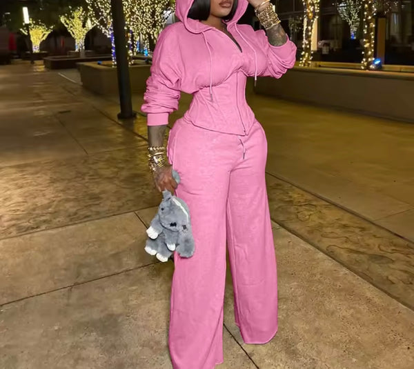 Women Fashion Hooded Corset Tracksuit Two Piece Pant Set
