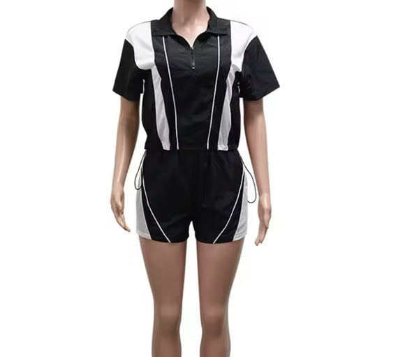 Women Fashion Zip Up Striped Short Sleeve Tracksuit Two Piece Short Set