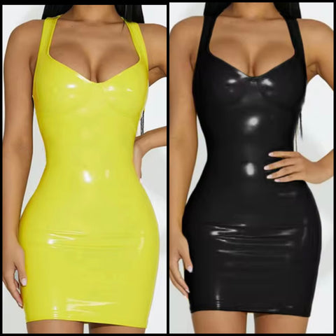 Women Sexy Sleeveless PU Color Dress