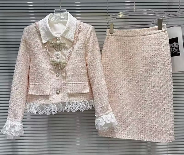 Women Bling Ruffled Button Up Pink Tweed Blazer Two Piece Skirt Set