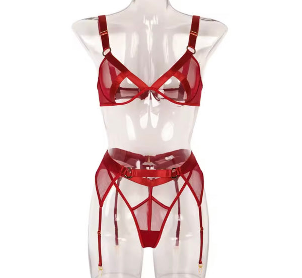 Women Sexy Color Mesh Cut Out Lingerie Set