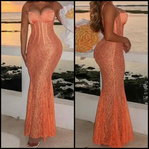 Women Sexy Sleeveless Orange Lace Maxi Dress