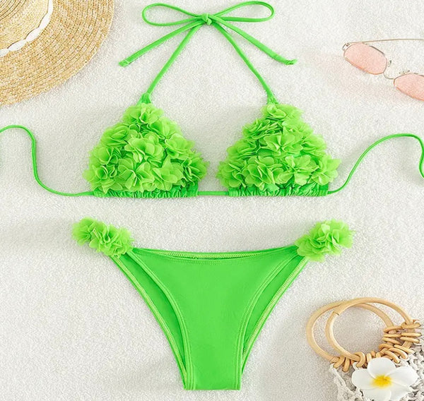 Women Sexy Ruffled Halter Solid Color Bikini Swimsuit