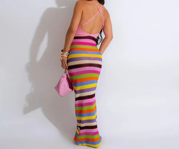 Women Sexy Sleeveless Colorful Striped Maxi Dress
