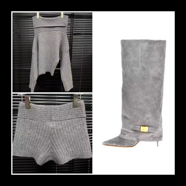 Women Gray Off The Shoulder Ribbed Two Piece Short Set