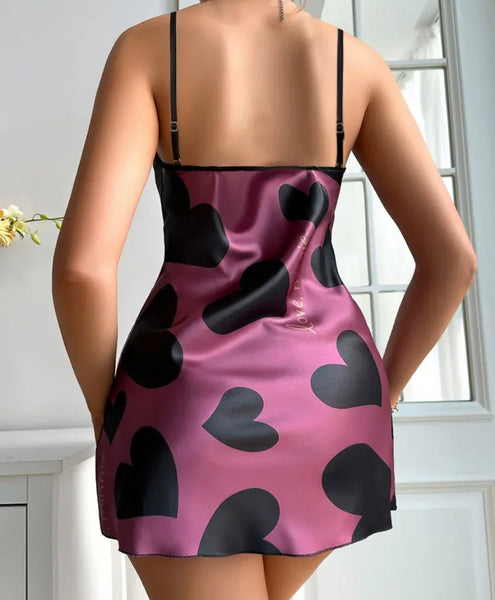 Women Sexy Love Heart Print Sleeveless Satin Nightgown