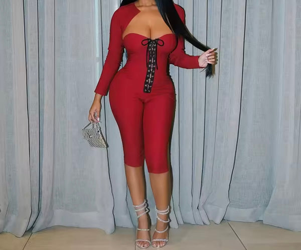 Women Sexy Fashion Lace Up Two Piece Capri Jumpsuit Set