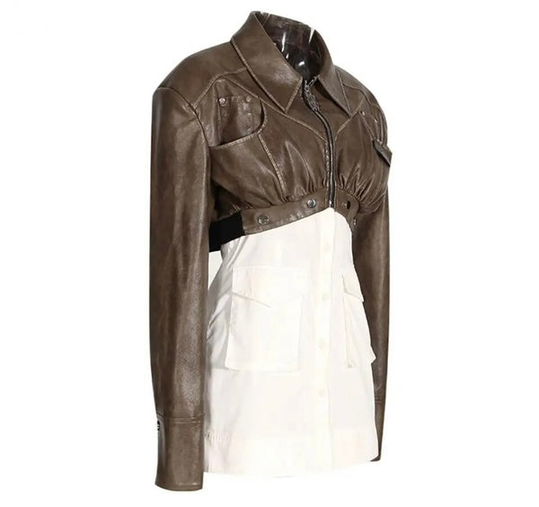 Women Fashion Button Up Faux Leather Patchwork Jacket
