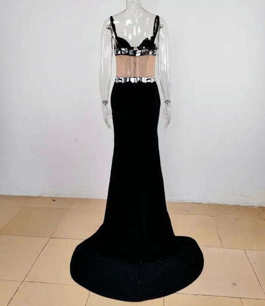 Women Black Sexy Sleeveless Bling Mesh Patchwork Maxi Dress