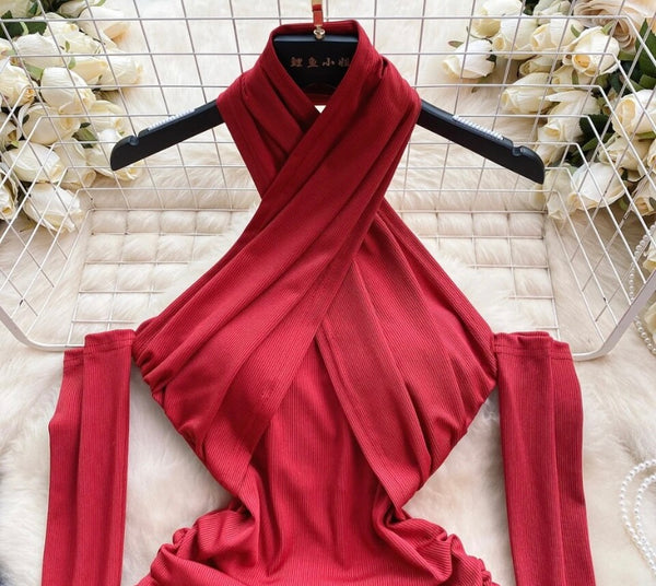 Women Sexy Red Ribbed Halter Full Sleeve Dress