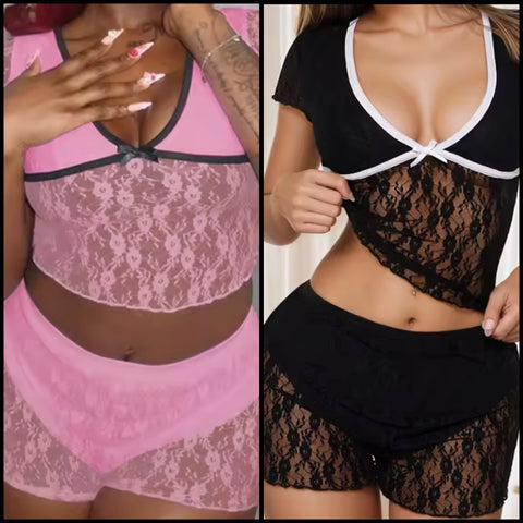 Women Sexy Short Sleeve Lace Two Piece Short Set