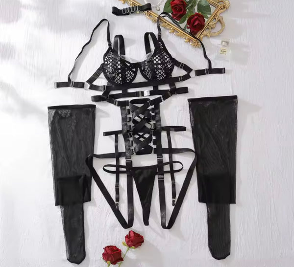 Women Sexy Black Lace Up Bandage Bodysuit Lingerie Set