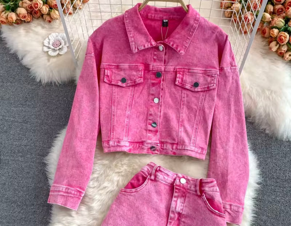 Women Sexy Fashion Pink Denim Jacket Two Piece Maxi Skirt Set