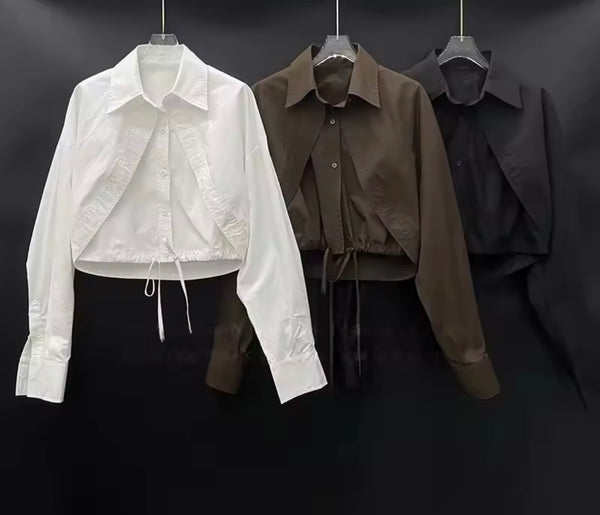 Women Fashion Collar Button Up Tie Full Sleeve Top