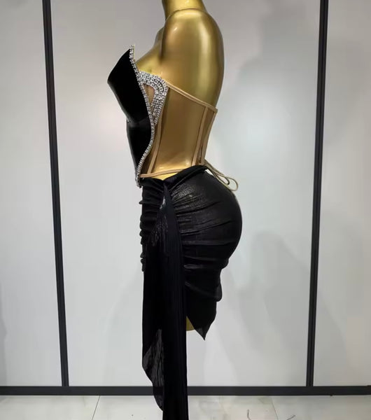 Women Sexy Strapless Rhinestone  Acrylic Two Piece Skirt Set