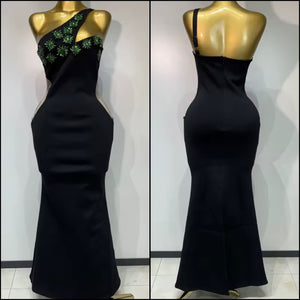 Women Sexy Black One Shoulder Green Floral Crystal Maxi Dress