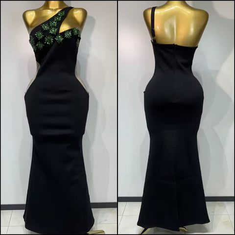 Women Sexy Black One Shoulder Green Floral Crystal Maxi Dress