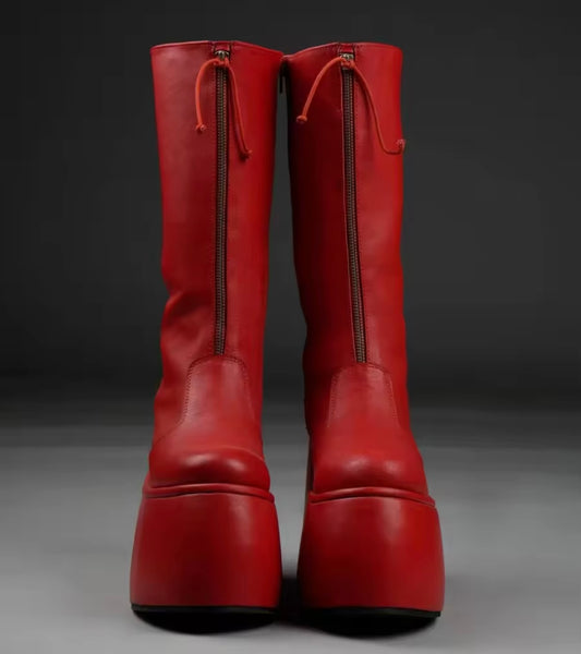 Women Color Fashion Front Zipper Platform Faux Leather Boots
