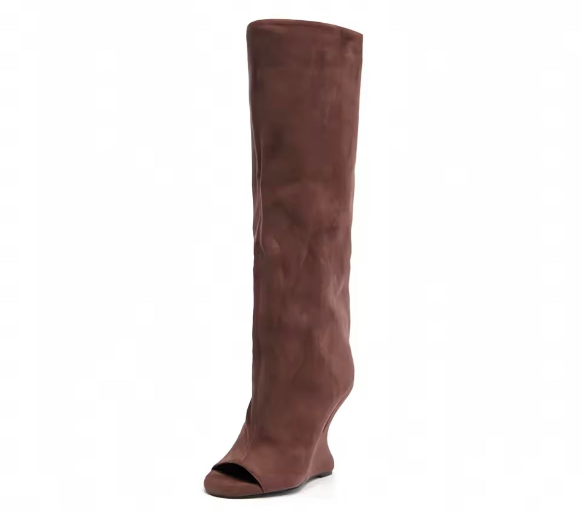 Women Color Open Toe Suede Wedge Knee High Boots