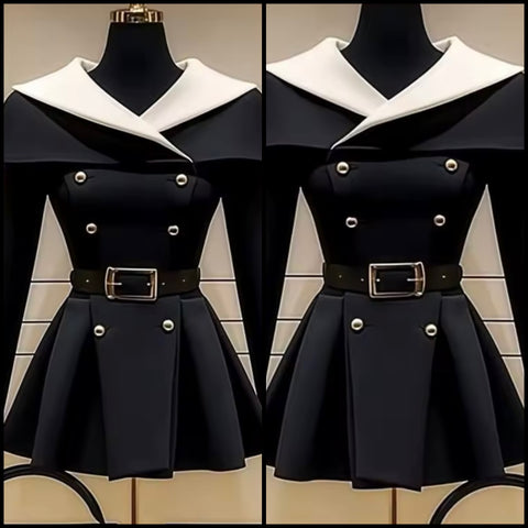 Women Fashion B&W Button Buckled Pleated Jacket