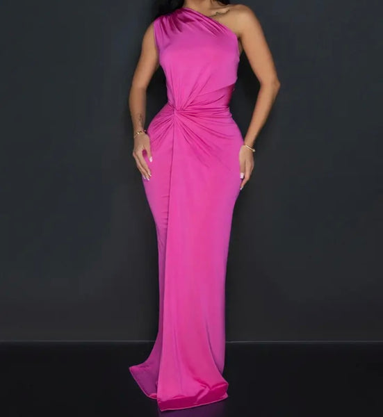 Women Sexy One Shoulder Sleeveless Color Maxi Dress