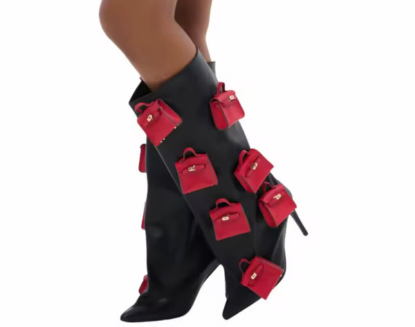 Women Fashion Black/Red Purse Patchwork Knee High Boots