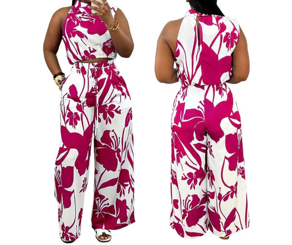 Women Sleeveless Color Patchwork Printed Two Piece Fashion Pant Set