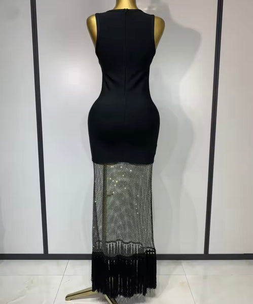 Women Sexy Sleeveless Black Mesh Fringe Maxi Dress