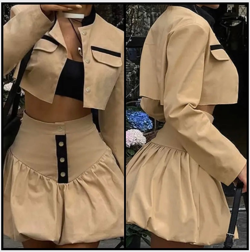 Women Sexy Fashion Full Sleeve Khaki Two Piece Skirt Set