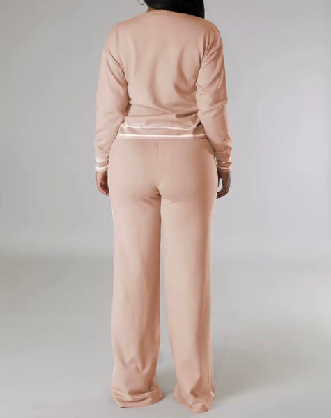 Women Solid Color Striped Patchwork Full Sleeve Two Piece Pant Set