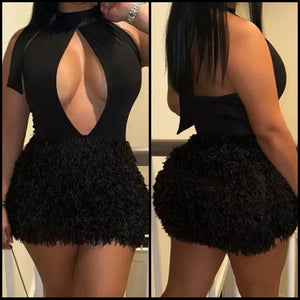 Women Black Sexy Halter Sleeveless Furry Dress