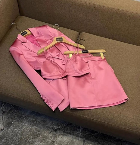 Women Sexy Satin Pink Three Piece Blazer Skirt Set