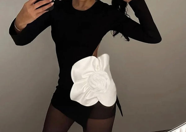 Women Black Sexy Floral Full Sleeve Side Split Dress