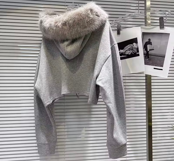 Women Fur Hooded Drawstring Gray Two Piece Pant Set