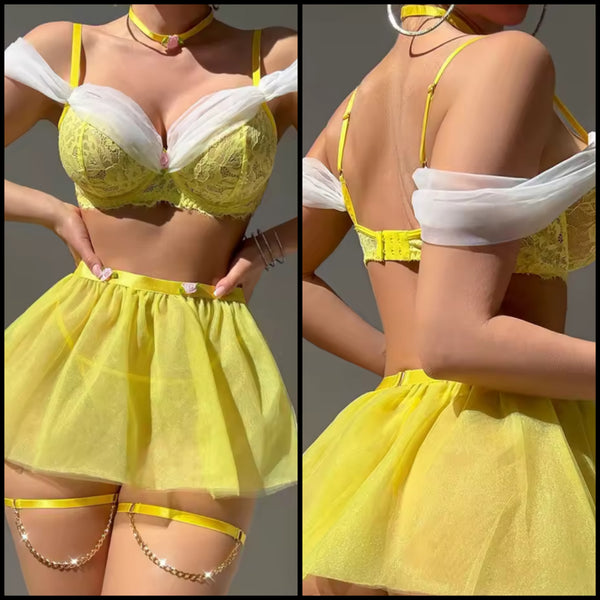 Women Sexy Yellow Choker Chain Lingerie Set