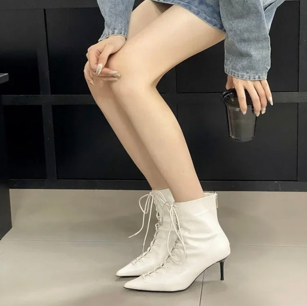 Women Fashion Pointed Toe Lace Up Ankle Boots