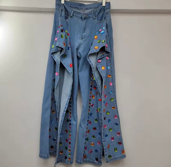 Women Blue Fashion Split Hem Color Crystal Denim Pants